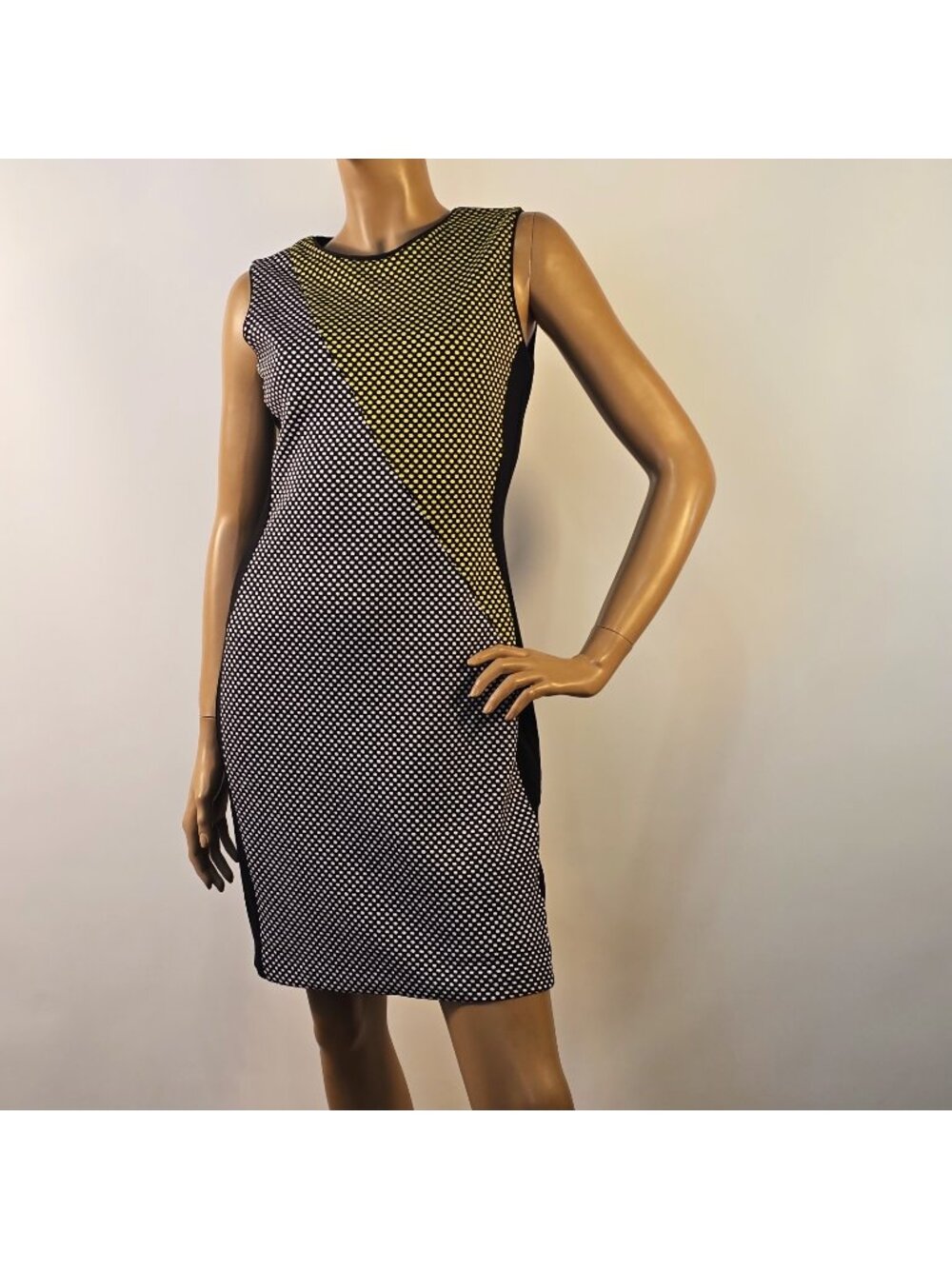 Belle Badgley Mischka Bodycon Dress Sz 6 Diagonal Colorblock With Polka Dots